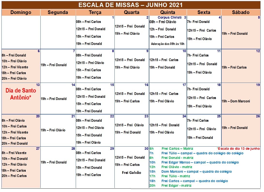 Escala de missas – Junho 2021